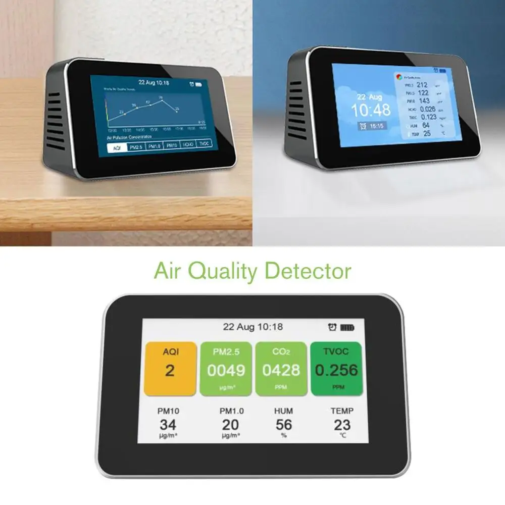 PM2.5/PM10/PM1.0/TVOC/CO2 тестер качества воздуха AQI анализатор температуры и влажности