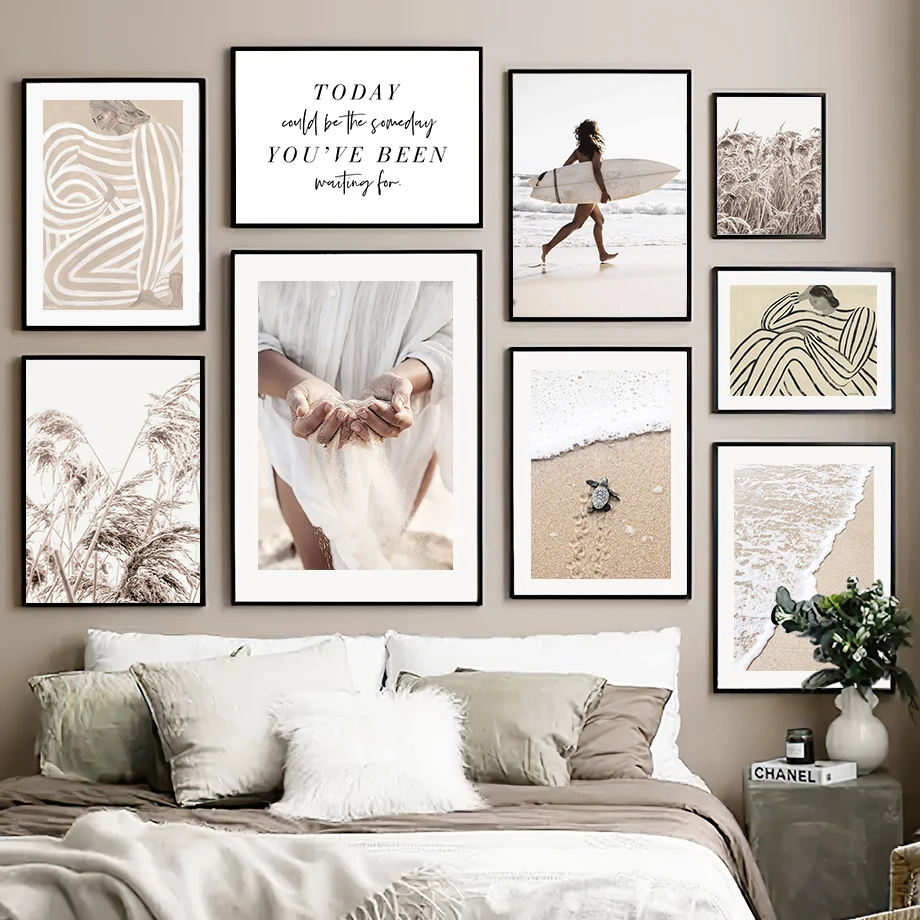 

Tropical Beach Surfing Girl Reed Wall Art Canvas Painting Abstract Nordic Posters And Prints Wall Pictures For Living Room Decor