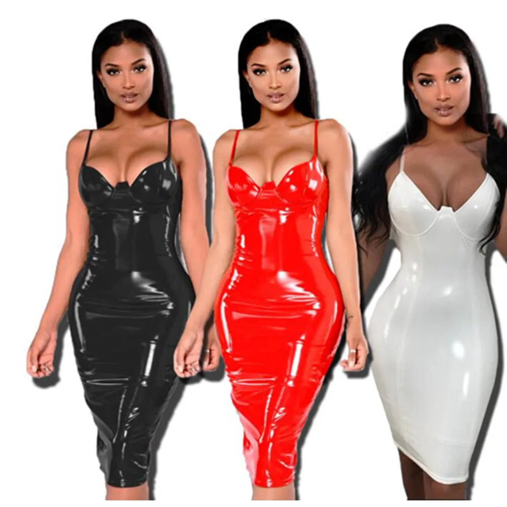 S-6XL Sexy Backless Club Party Dress PVC Wet Look Latex Bodycon Faux Leather Push Up Bra Pencil Dress