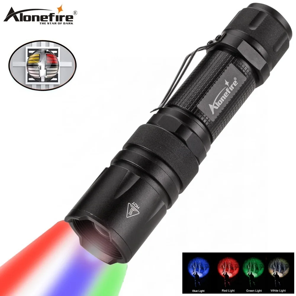 

Alonefire X33 4 in 1 WRGB Multicolor flashlight 300 Lumen Zoomable One Mode White Red Green Blue Light Hunting Flashlight