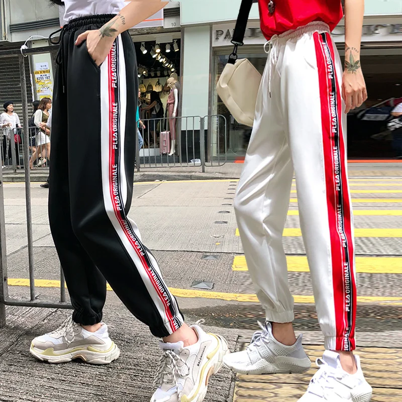 Повседневные Новые Осенние эластичные брюки женские Боковые Полосатые