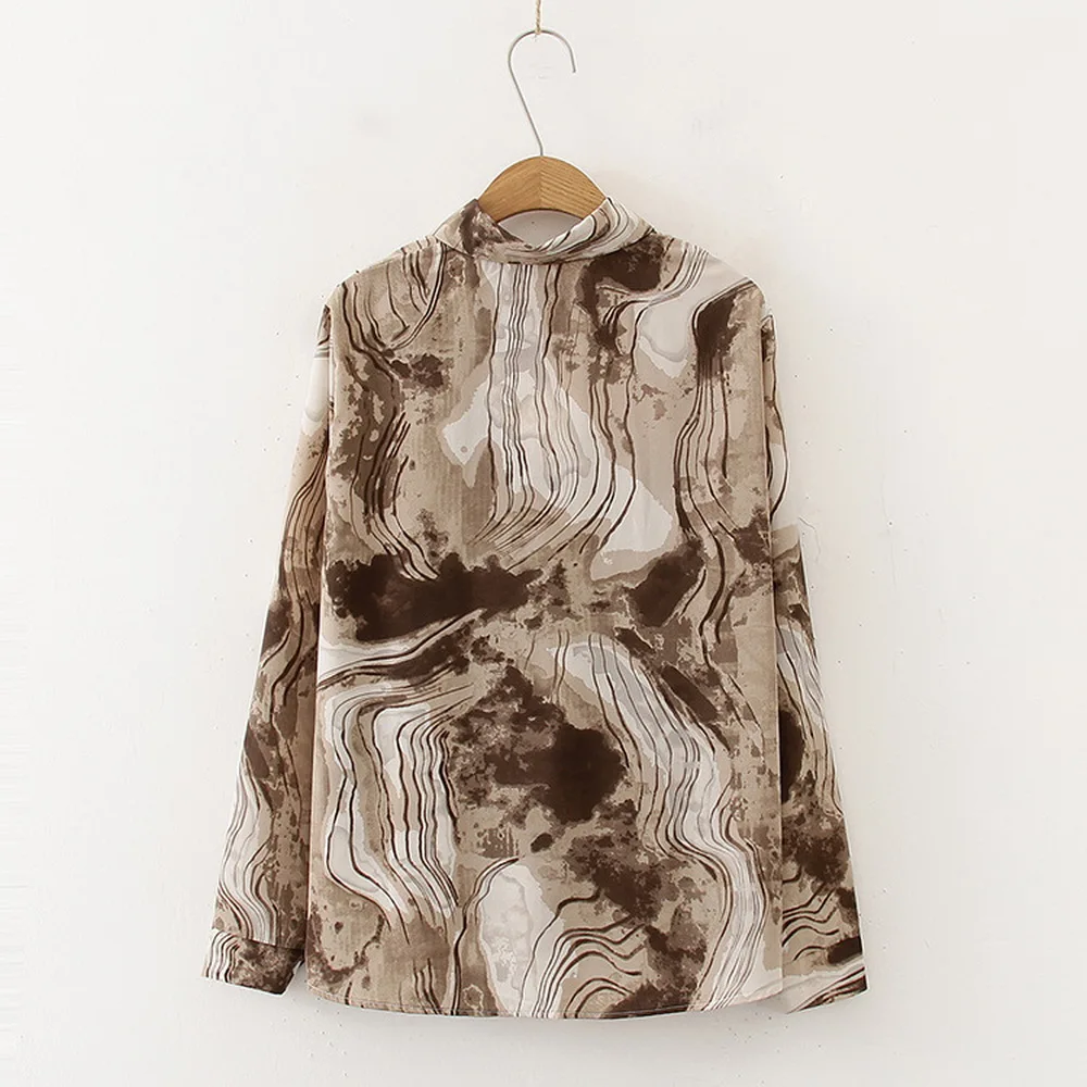 

2021 Spring Autumn Retro Ink Printing Lapel Single-breasted Long Sleeve Loose Shirt Women blusas elegantes chemise tops mujer