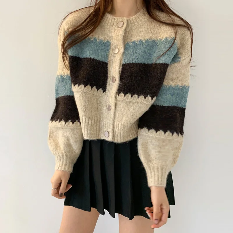 

Korea 2021 Spring New Block Color Women Striped Sweater Cardigan Short Design Knitwear Open Stitch