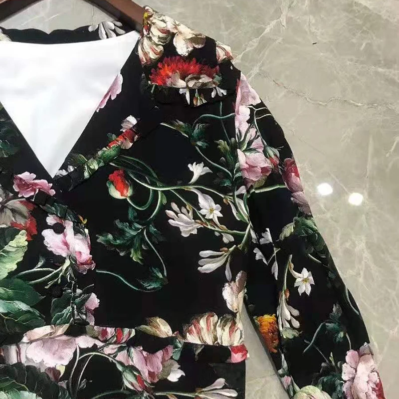 VERDEJULIAY European Vintage Trumpet Dresses Women Ruffles Edge 2020 Spring Runway Floral Print 100% Pure Silk Mid-Calf Dress | Женская