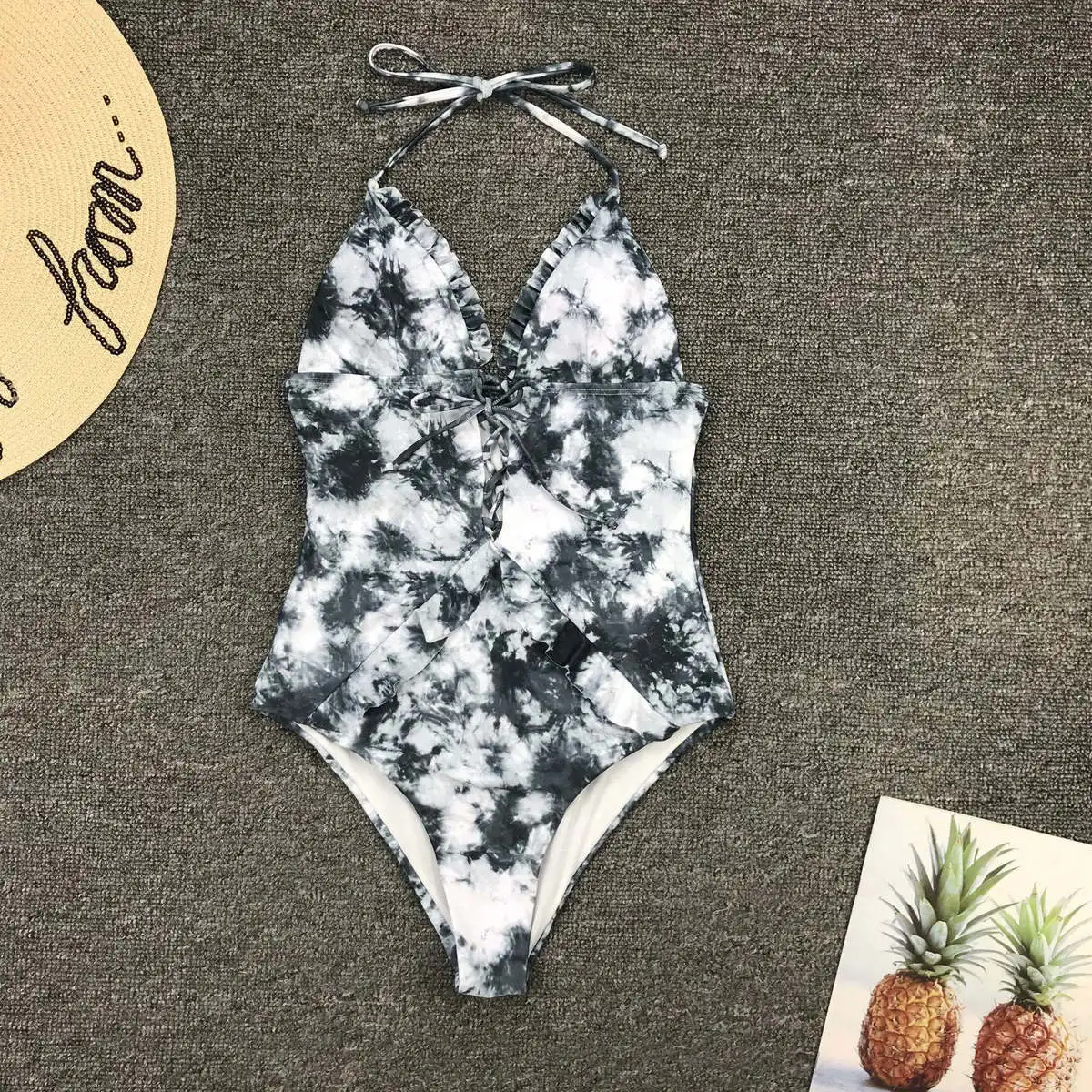 

2021 New Sexy One Piece Swimsuit Women Print Bikini Swimwear Bandeau Bra Tie-dye