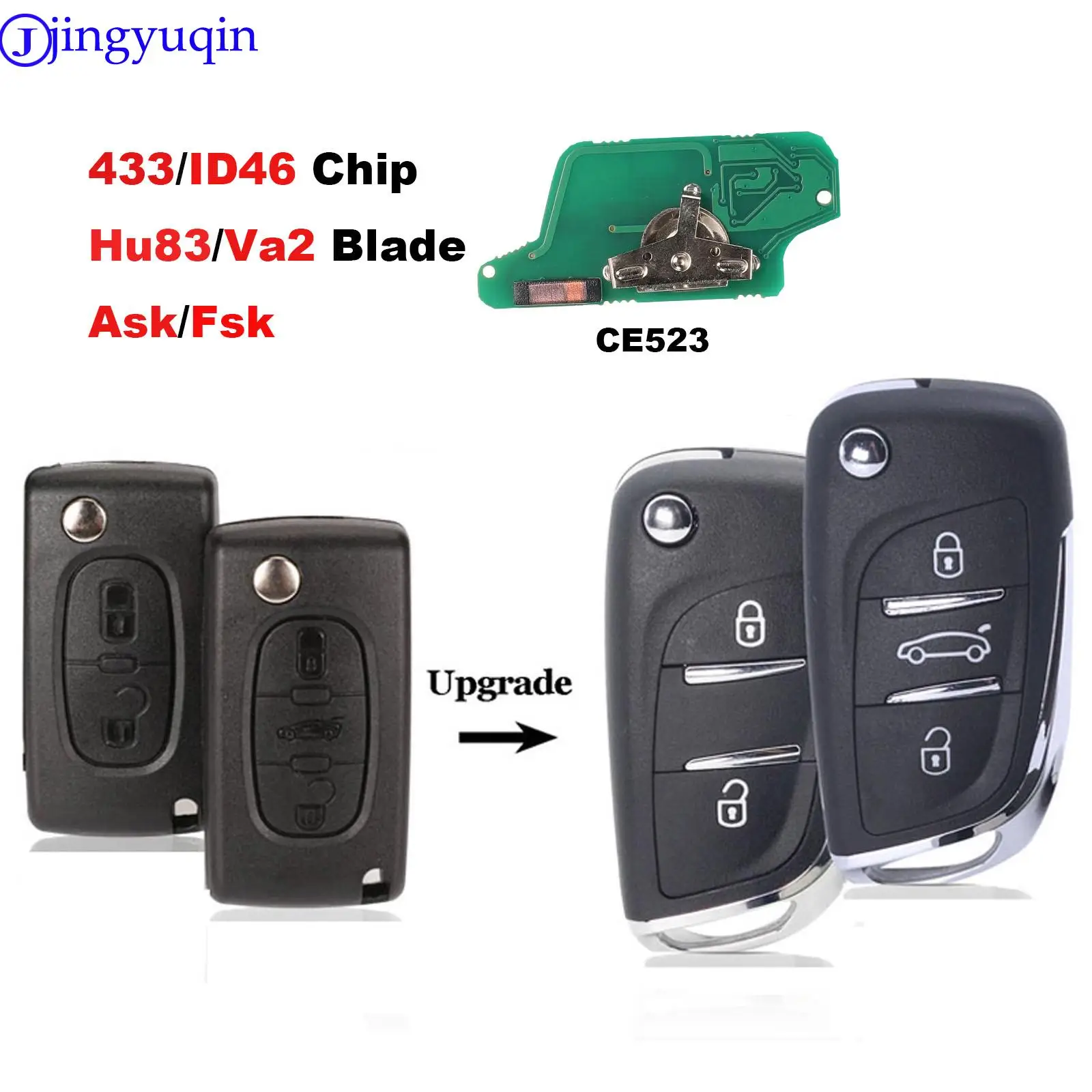 jingyuqin ASK/FSK 433MHz ID46 Chip CE0523 Modified Flip Remote Key Fob for Peugeot 307 407 607 HU83/ VA2 Blade 2 3 Button Key