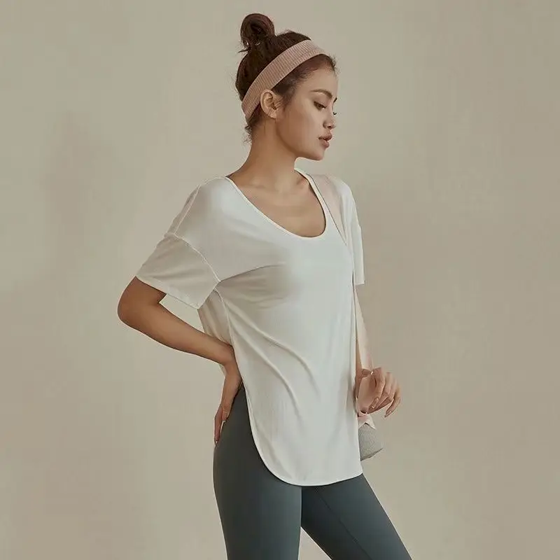 

Футболка женская с коротким рукавом, Свободный Топ с круглым вырезом и Боковым Разрезом, Повседневная дышащая модал, для йоги, бега, фитнеса,...