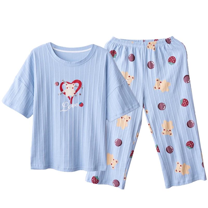 

Fresh Blue Homewear Kawaii Cartoon Strawberry Bears Sleepwear Summer Women's Pajamas Cotton Korean Loose Short Sleeved Pajamas