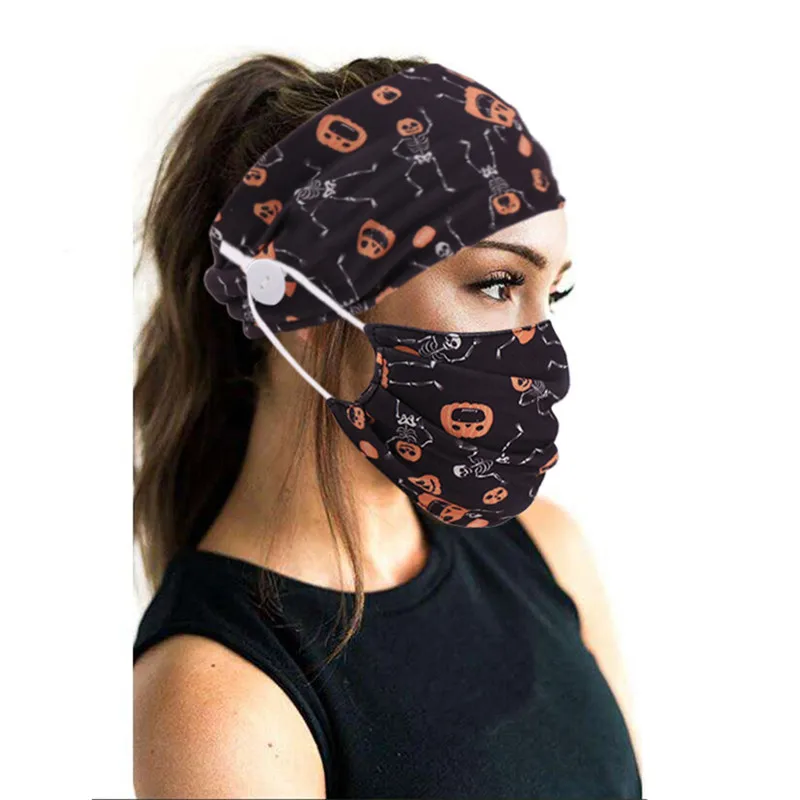 

2PCS Adult Washable Printed Adjustable Dust Cloth covers +Button Headband Set Button Halloween Print Fitness Headscarf Headwear