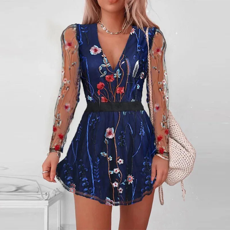 

Flower Print Elegant Women Dresses New Arrival 2021 Hot Recommend Style Deep V Neck Long Sleeve Office Lady Dress Streetwear