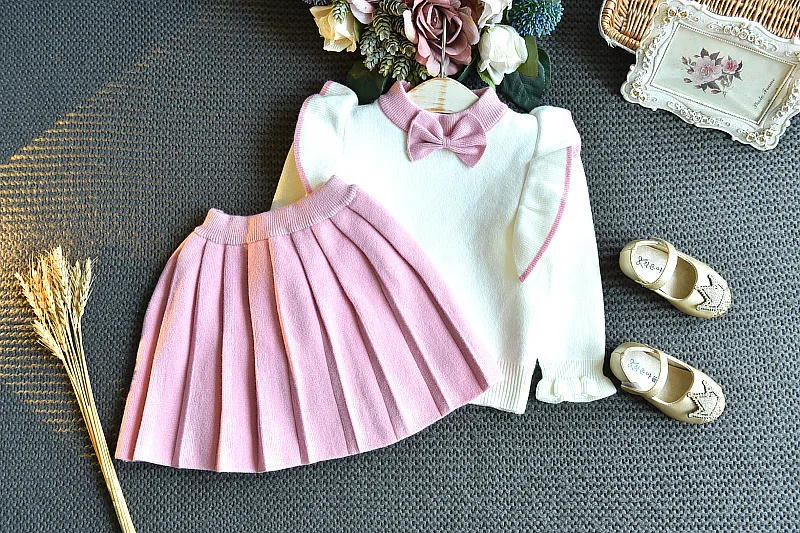 Winter Cute Korean Children Clothes Warm Clothes Autumn Little Girls Clothing Set Bow Tie Knit Flying Sleeve Sweater Top&skirt