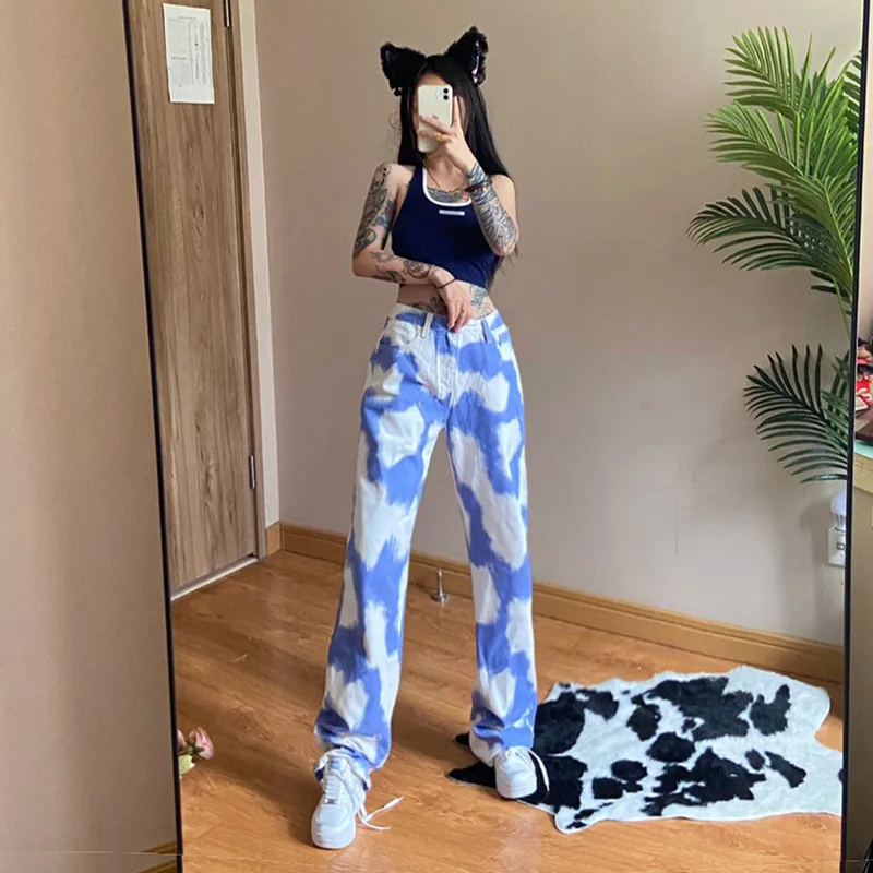 

Tie-dye Print Long Pants Women Loose High Waist Straight Trouses S/M/L