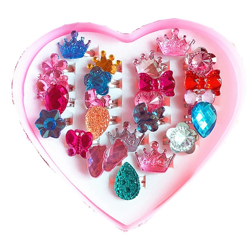 

24Pcs Children's Princess Jewelry Ring Love Gift Box Set Flashing Diamond Ring Ring Ring (Random Ring Style)