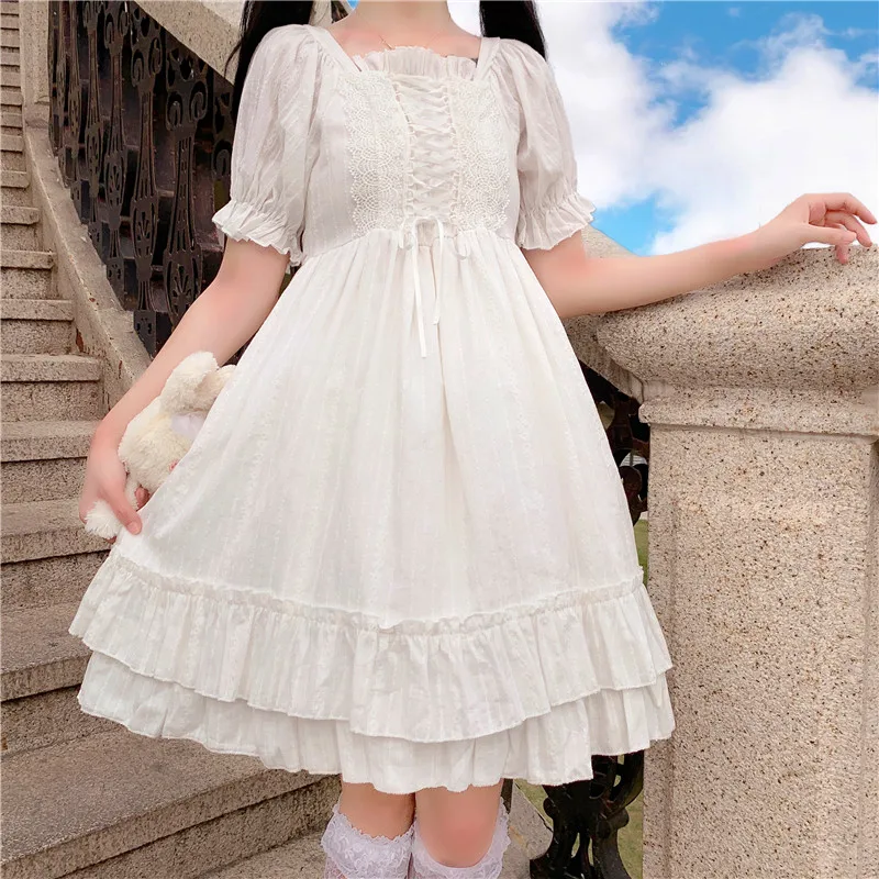 

Japanese New Super Puff Sleeve Ruffled Tied Mid-Length Short Sleeve Dress Women Summer fairy lolita dress kawaii clothing