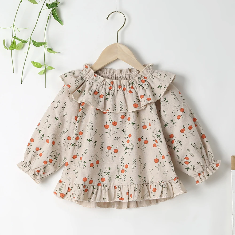 

2021 New Arrivals Winter Children Casual Cotton Long Sleeve Peter Pan Collar Ruffles Print Floral Cute Baby Girl T-shirt 0-2T