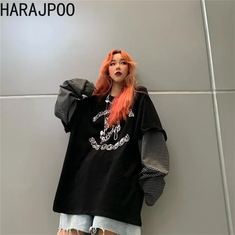 

Harajpoo Women T-Shirts Harajuku Style Spring Autumn Y2k Fashion Clothing Fake Two-piece Long-sleeved Stitching Loose Casual Top