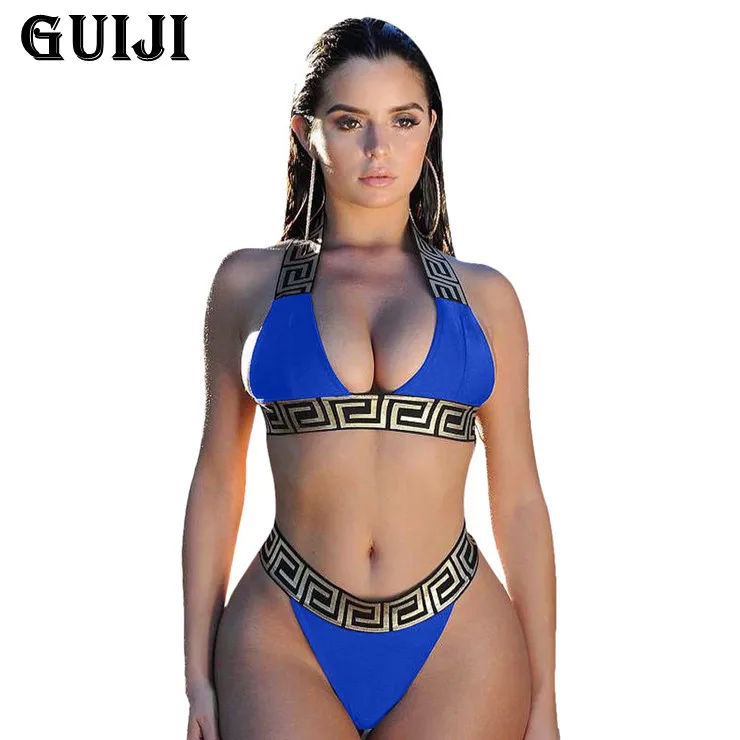 

【GUIJI】Ready Stock 2021 Sexy Bikini Set Bandage Swimsuit Two-piece Bikini Swimwear Female Split Fusion Women's Swimwear