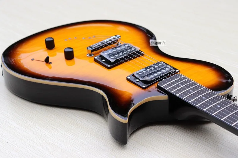 Пламя клен Топ шеи через sunburst Цвет электрогитара 39 дюймов высокий Глянец 6 струн 22 Лады острый угол электрогитара