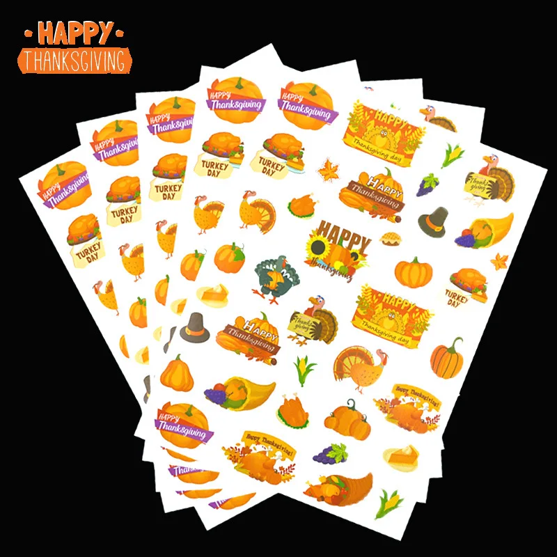 

5 Sheets Happy Thanksgiving Turkey Pumpkin Label Stickers for Card Gift Package Box Wrapping Children Toys Small Business