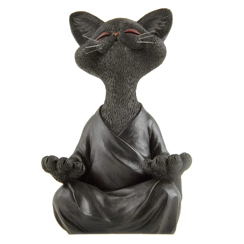 

Whimsical Smiling Black Cat Figurine Meditation Yoga Happy Kitten Collection Art Sculptures Garden Statues Decoration