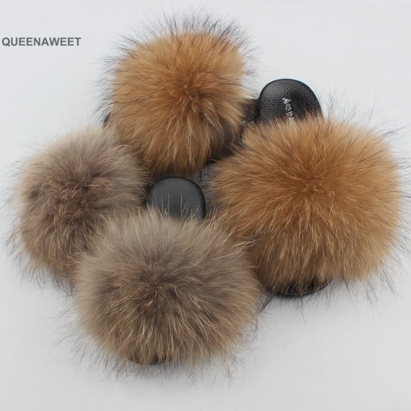 

2020 Colourful Fur Slippers Mommy And Kids Real Fox Vogue Indoor Flip Flops Casual Shoes Wholesale