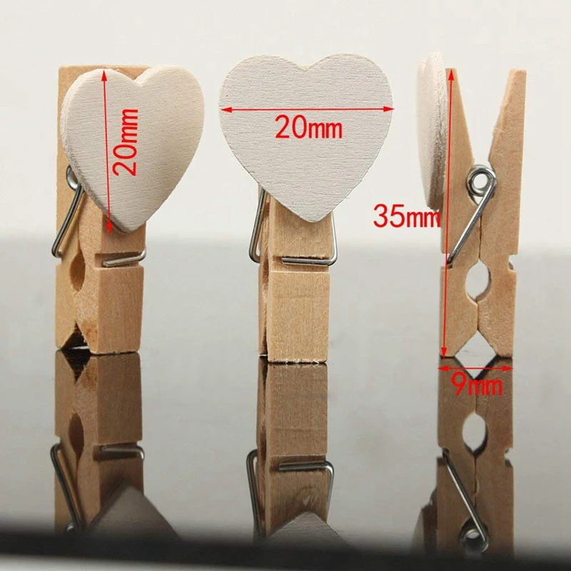 

40pcs Love Heart Mini Wooden Photo Paper Clips Pegs For Photos Wedding Decor Craft-White