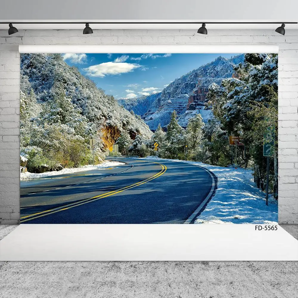 

Snow Mountain Trees Highway Photographic Backdrop Vinyl Cloth Backgrounds for Baby Children Portrait Photoshoot Photo Studio