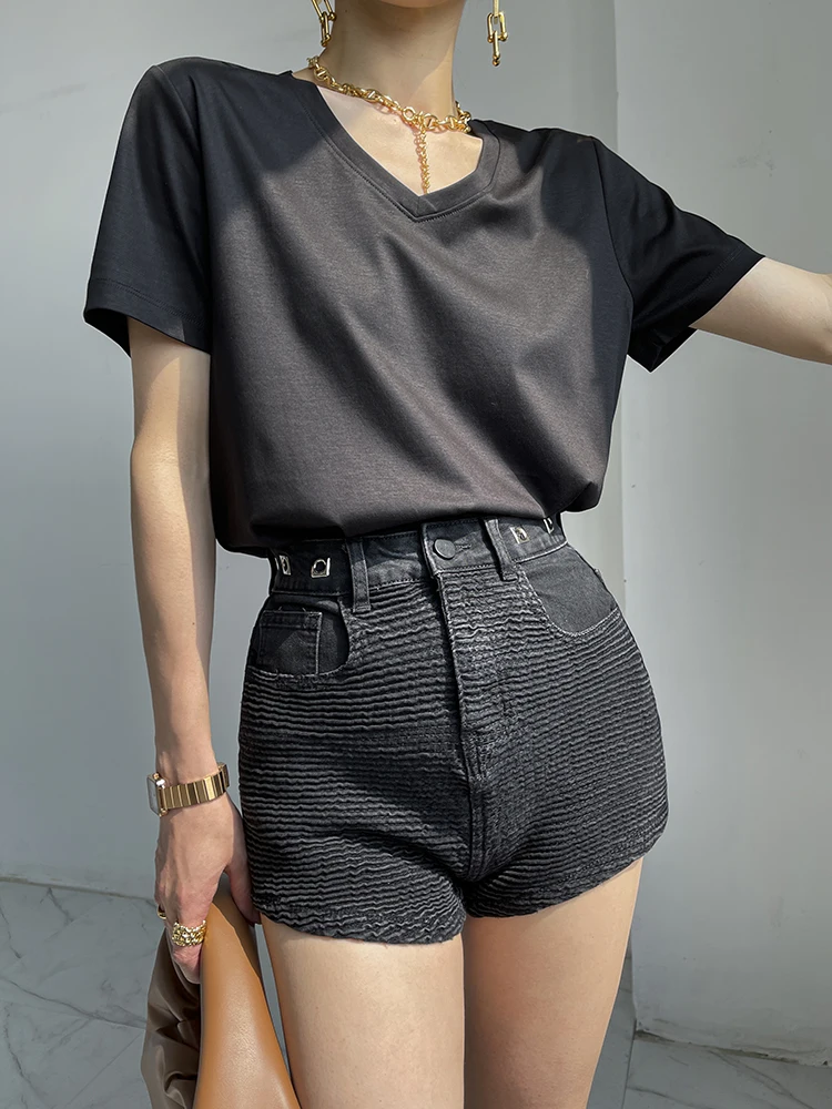 

V-neck top women's design sense loose and thin summer new solid color mercerized cotton short-sleeved t-shirt
