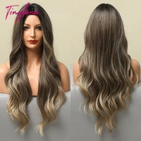 tiny lana ombre dark brown blonde synthetic wigs middle part long wavy wigs for women cosplay party daily use heat resistant