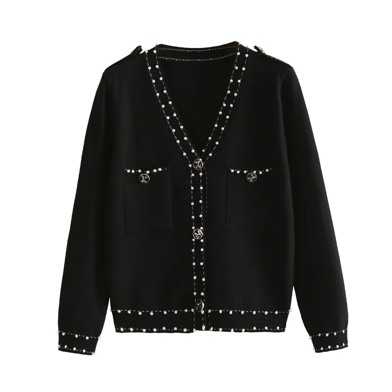 Женский трикотажный кардиган с бусинами длинным рукавом |