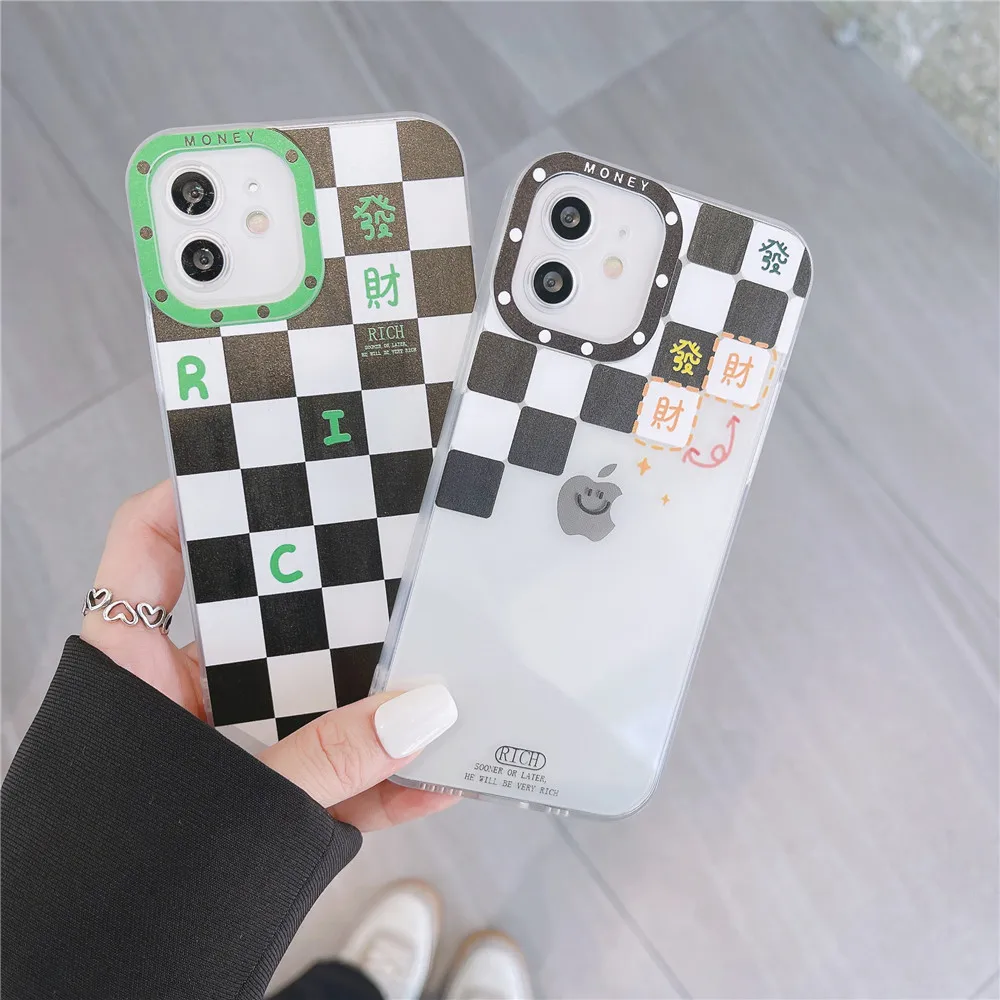 

Black and white chessboard Cartoon Transparent Phone Case For iPhone 13 12 11 PRO MAX XS X XR Silicone Soft Protective Cover