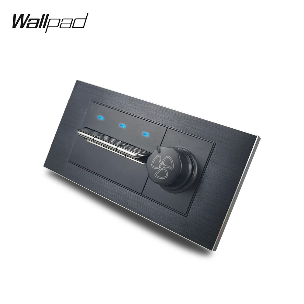 

153*75mm 3 Gang Toggle Button and Fan Switch L3 Black Aluminum Button Switch with LED Indicator and Fan Speed Control Switch