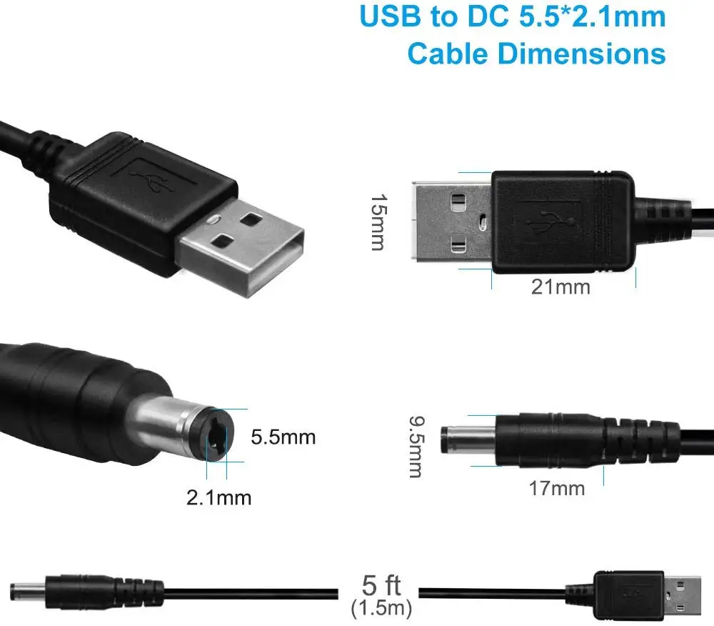 USB 2 0 A штекер в постоянный ток 5 5x2 1 мм 24AWG DC разъем для зарядки Цилиндрический