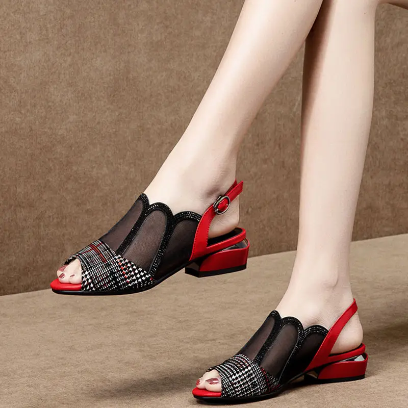 

Peep Toe Sandals Low Square Heel Woman Mesh Shoes Casual Hollow Out Buckle Strap Spring Summer NEW BIG SHOE BLACK RED