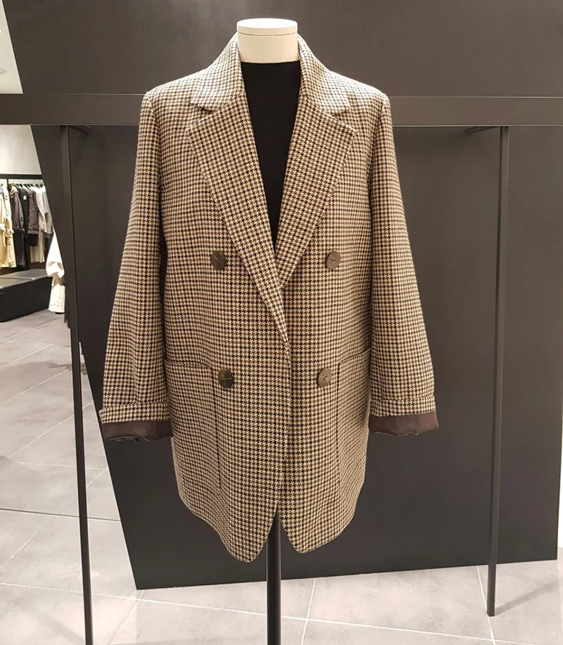 Осенне зимний двубортный клетчатый Блейзер пальто новая Корейская версия