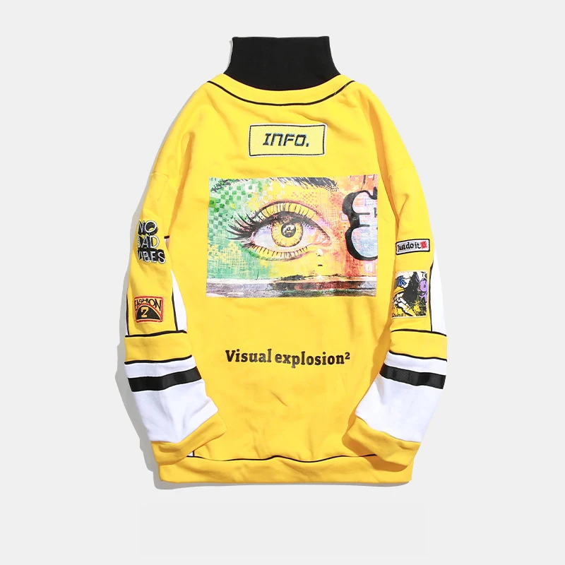 

Turtleneck Fake Two Piece Harajuku Men Eyes Graffiti Print Streetwear Hoodie Male Hip Hop Rapper Autumn Cotton Pullover Techwear