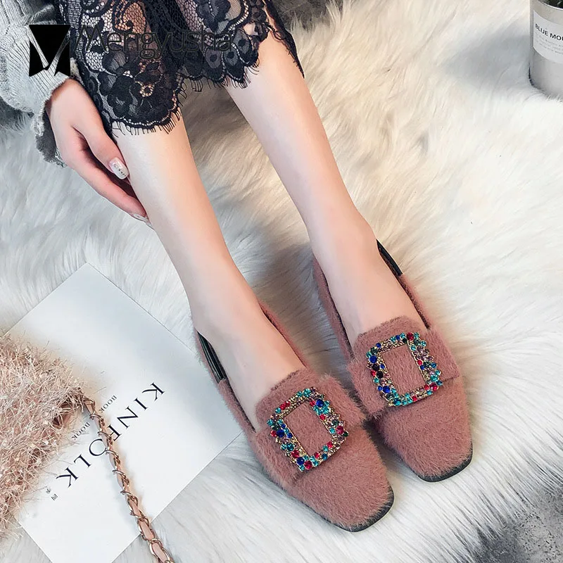 Разноцветные туфли без задника Пряжка со стразами меховые на плоской подошве