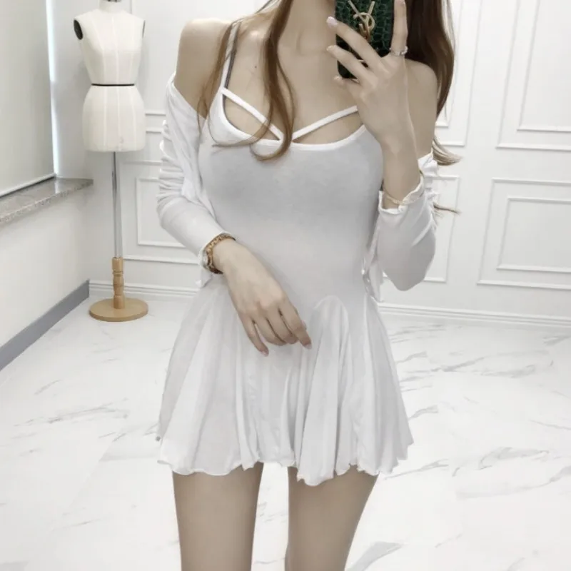 

Women Streetwear Slim Fit Long Sleeve Cardigan Coats Sexy Mini Straps Dress Female Casual Sets Home Clothes Two Piece Outfits