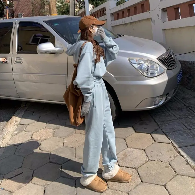 Winter Fleece Warm Tracksuits Setup 2021 Woman Casual Short Hoodie Pullover With Loose Harem Pants Trousers Two-Piece Set |