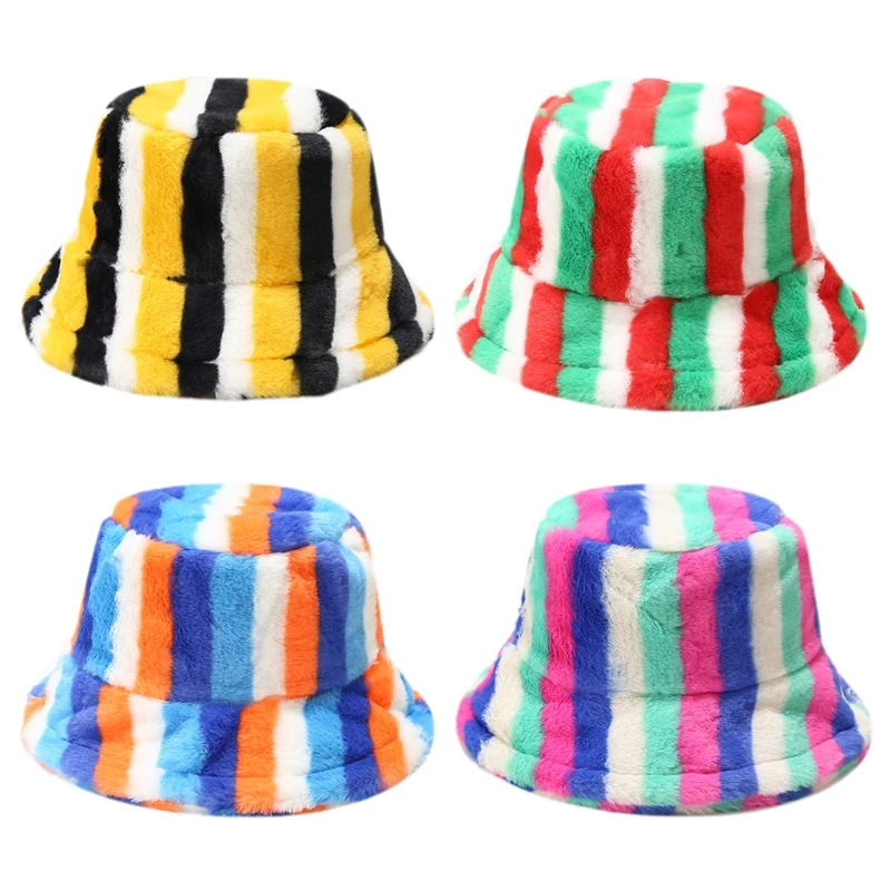 

Cute Wide Brim Rainbow Color Stitching Bucket Hat Fisherman Hat Trend Plush Bucket Hat Outdoor Fall Winter All-match G5AE