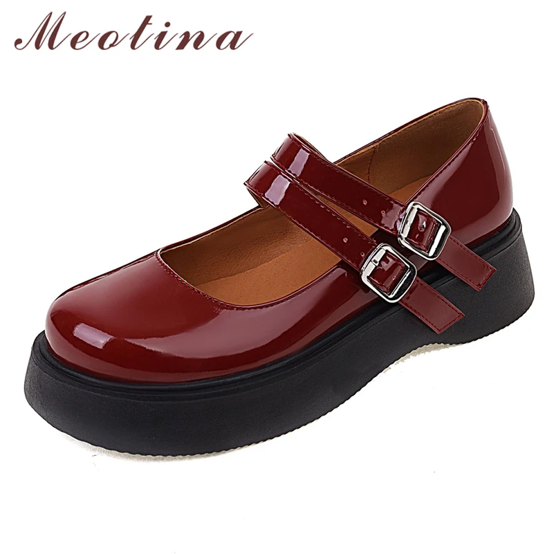 

Туфли Meotina женские на толстом среднем каблуке, туфли-лодочки с круглым носком, с ремешком с пряжкой, осенне-зимняя обувь, винного и черного цвета