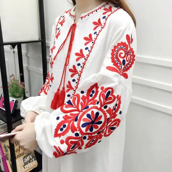 Цветочное вышитое этническое платье хлопок лен фонарь макси с длинным рукавом