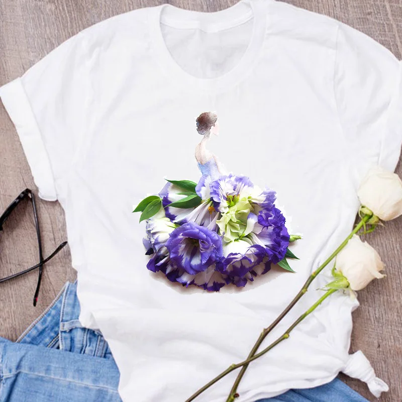 Женские Графический с коротким рукавом лето осень цветочным принтом женская
