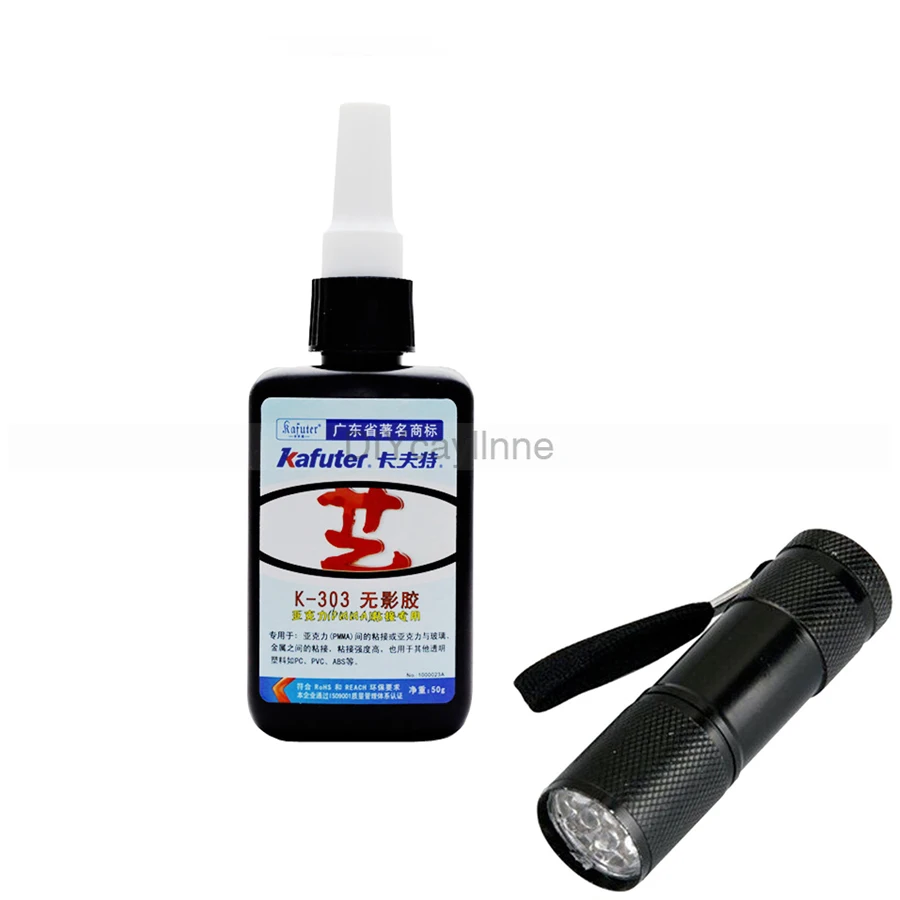 50 г kafuter K-303 УФ клей для полиметилметакрилатные акриловые клей склеивания из прозрачного пластика ПВХ металл и АБС-пластик с 9 Светодиодный УФ-фонарик
