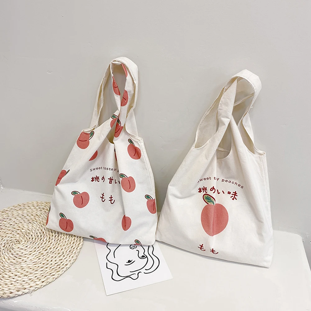 

Cute Peach Print Canvas Shoulder Shopping Bags Fashion Women Shopping Bags Tote Bags Casual Ladies Large Capacity Tote Handbags