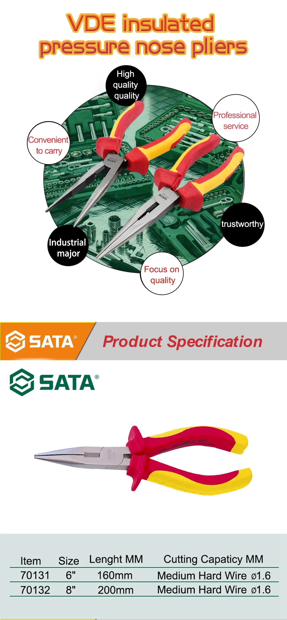 SATA " vde изолированный многофункциональный иглы плоскогубцы 60CRV 1,6 мм заостренный блокировать батарею инструменты 70131