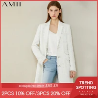 amii minimalism autumn winter fashion tweed jacket temperament plaid lapel single breasted long blazer women coat 12070378
