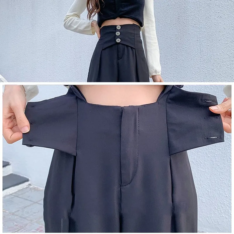

2021 Korean Fashion Suit Pants Women Summer Eleastic High Waist Single Breasted Loose Wide Leg Mopping Pants Black New Arrivals