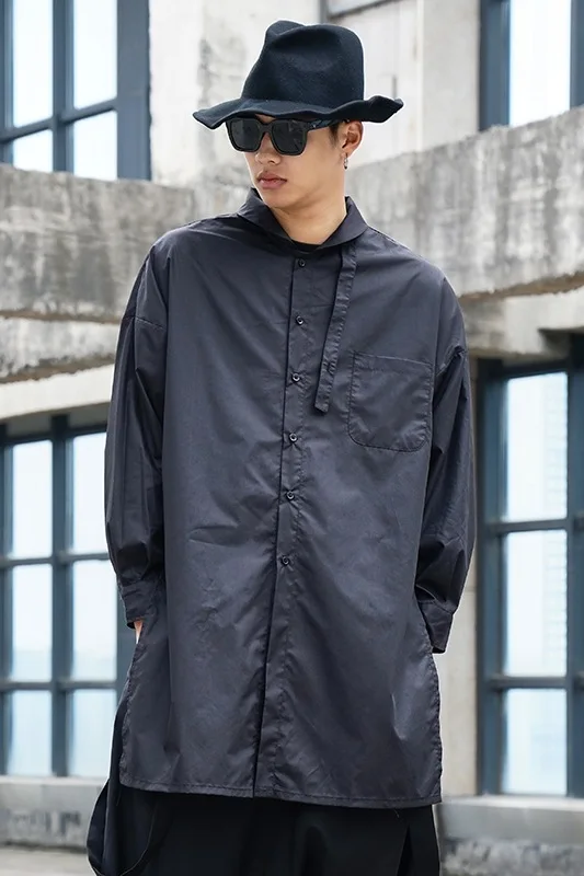 

Long Sleeve Men Shirts 2021 New Casual Men's Shirt Loose Solid Color Medium Length Shirt Streetwear Hip Hop High Street Shirt