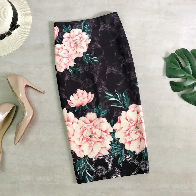 

Women Pencil Skirts Flower Printing High Waist Elegant Fashion Floral Print Bodycon Split Tight Slim Fit Wrap Knee-length Skirt
